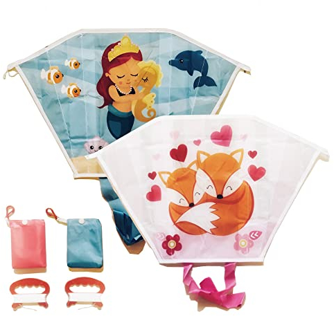 2er Set Kinderdrachen - Mini Pocket Kite Meerjungfrau Fuchs - Einleiner Flugdrachen Drachen für Kinder Mädchen ab 3 Jahre mit Drachenschnur und Streifenschwänze