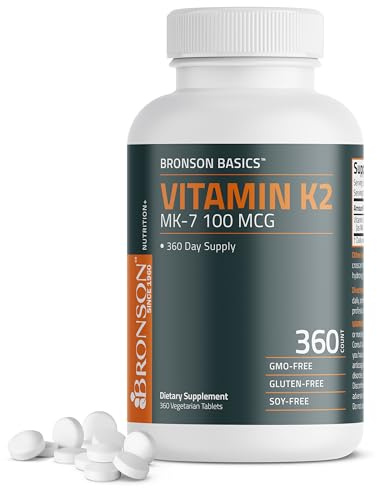 Bronson Vitamin K2 MK-7 100 MCG, K2 as MK7 Menaquinone, Bone Support, 360 Tablets