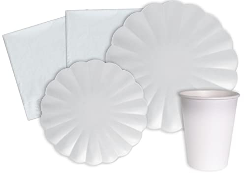 Kit Vaisselle de Fête Flower Shape pour 8 personnes (44 pcs: 8 assiettes Ø23cm, 8 assiettes Ø18cm, 8 gobelets 250ml, 20 serviettes 33x33cm) en papier compostable eco-friendly, blanc