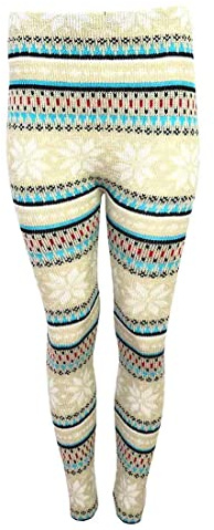 FAIRY TRENDZ LTD Stickade leggings i full längd för kvinnor jul vinter snö mode facncy byxor, Snöflinga stickad beige, 36 SE