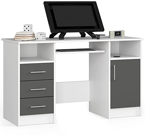 AKORD Schreibtisch ANA 124 cm | mit 1 Tür und 3 Schubladen | Office Desk | Computertisch | Bürotisch | PC-Schreibtisch | B124 x H74 x T52 cm | Gewicht 46,40 kg | Weiß/Graphitgrau