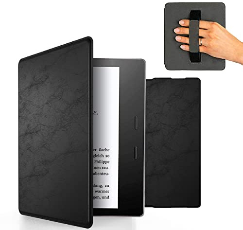 MyGadget Kunstleder Hülle für Kindle Oasis 10 | 9 Generation [ Modell : CW24WI | S8IN4O Release: 2019 | 2017 ] mit Handschlaufe & Auto Sleep | Wake Funktion in Schwarz