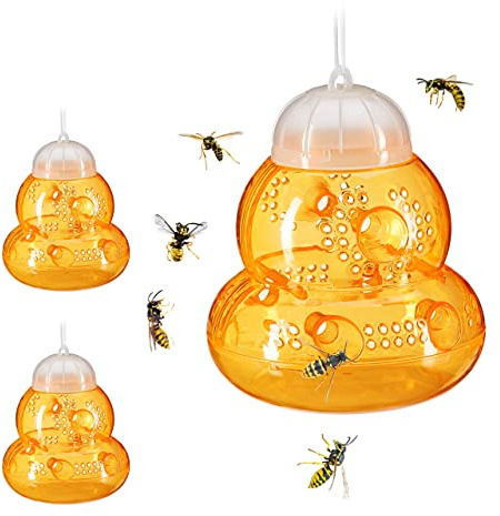 Relaxdays Trappola per Vespe, Set da 3, Cattura Api, Calabroni, Senza Veleno, Appendere o Poggiare, 15x13 cm, Arancione