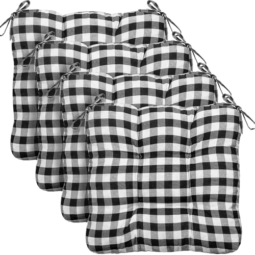 Geetery 4 Pack Chair Cushions for Dining Chairs, 16 x 15 Black and White Kitchen Chair Cushions with Ties Buffalo Plaid Soft Comfy Seat Pads for Home Office Living Room Outdoor Indoor