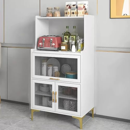 Armoire De Cuisine Buffet Meuble De Rangement ,étagère De Cuisine Rangement Bois,Étagère Micro-Ondes,Armoire Multi-rangements,pour La Cuisine, Le Salon,Porte en Verre,Étagères Réglables ( Color : Wit