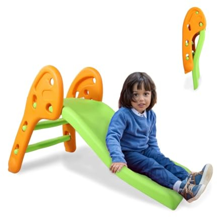 Mobiclinic® kids, Scivolo per bambini, Dino, Pieghevole, Bordi arrotondati, Pioli antiscivolo, Massimo 35 kg, Stabile, Sicuro, Facile da montare, Interno ed esterno, Verde e arancione