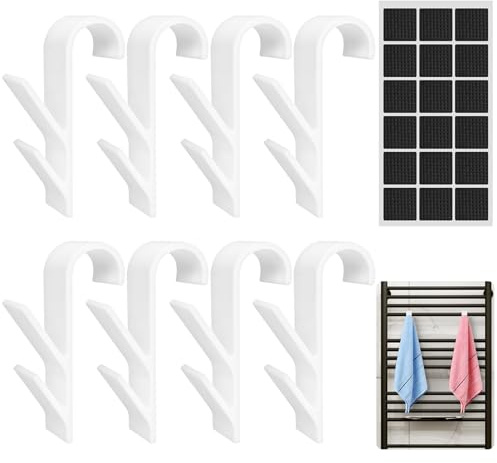VEPEPE 8 Stück Haken für Rundheizkörper mit Selbstklebend Antirutsch Pads, Handtuchhaken für Rundheizkörper Doppelhaken Weiß, ABS Bad Handtuchhalter Heizkörper Haken, für Alle Standard Heizkörper