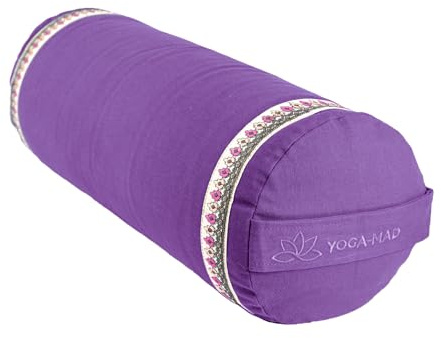 Yoga-Mad Yoga Bolster, Eco Friendly Buckwheat Bolster, 61cm x 23cm, Removable Washable Cover, Ideal for Yoga, Meditation and General Support (Purple Trim)