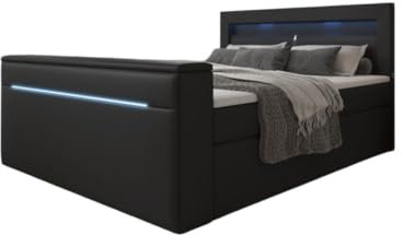Boxspringbett Repos 140x200 Doppelbett Polsterbett Bett mit TV Lift, USB und LED | Bezug: Kunstleder | Farbe: Schwarz | Härtegrad: H4 (100kg+)