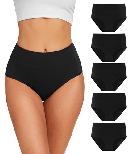 YESWEL Underwear Women Knickers Size 16, High Waisted Cotton Ladies Pants Tummy Control Briefs 5 Pack, (Black XL)