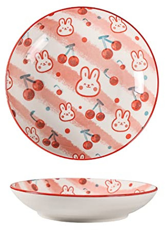 OQHAIR Dinner Round Plate Cartoon Animal Pattern Simple Cute Ceramic Dessert Bowl Snack Fruit Salad Breakfast Household Dinnerware for Kitchen Microwave Oven,Cherry Rabbit