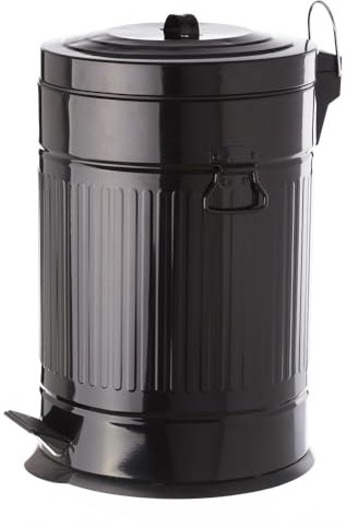 LOLAhome Papelera de cocina de 20 litros negra | Cubo basura de pedal Retro redondo metálico de zinc galvanizado de 20 litros