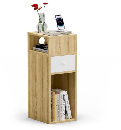 VOUNOT® Mesita de Noche Estrecha con 2 Compartimentos Abiertos y 1 Cajón 25x30x66cm, Mesilla de Noche Pequeña Estilo Moderno, Mesa Auxiliar Alta de Madera para Dormitorio, Salón, Sala de Estar Natural