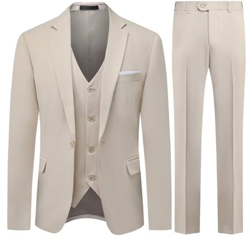 Allthemen Costumes Hommes 3 pièces Mariage Un Bouton Revers Slim Fit Blazer Couleur Unie Formel Beige L