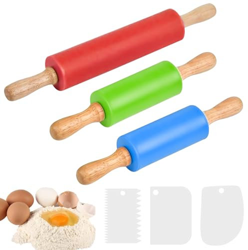 YOUNGSAY 3 Stk Nudelholz Silikon Teigroller mit Holzgriff, 23/30,5 cm Teigroller Silikon, Antihaft-Oberfläche Nudelholz mit 3 Schaber für Erwachsene und Kinder (3 Farben)