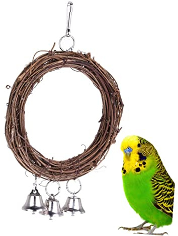 15cm Rattan Hängeschaukel Glöckchen, für Papageien | Stehend, Metallbügel und Ring, für Käfig und Garten, Vogel Spielzeug Zufällige Farbe