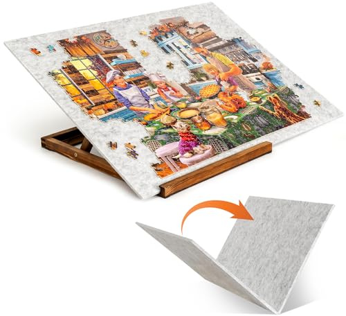 Tektalk Foldable Jigsaw Puzzle Board with 3 Angle Adjustable Bracket/Stand, Lightweight Portable Puzzle Mat Plateau with Wooden Easel, Foldaway Felt Puzzle Table, for Up to 1000 Pieces - Light Gray