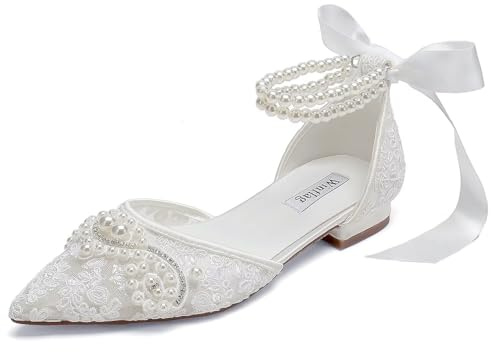 Winflag Perlen-Hochzeitsschuhe für die Braut, flache Spitze, Brautschuhe, spitzer Zehenbereich, Brautschuhe, Weiß (1), 37.5 EU