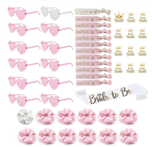 49 Stück Jga Accessoires Frauen, JGA Brille Team Braut Haargummi Armbänder | Junggesellenabschied Frauen, 1Bride to be schärpe +12 Herzförmige Brille +12 Haargummi+12 Aufkleber+12 Armband, JGA Deko