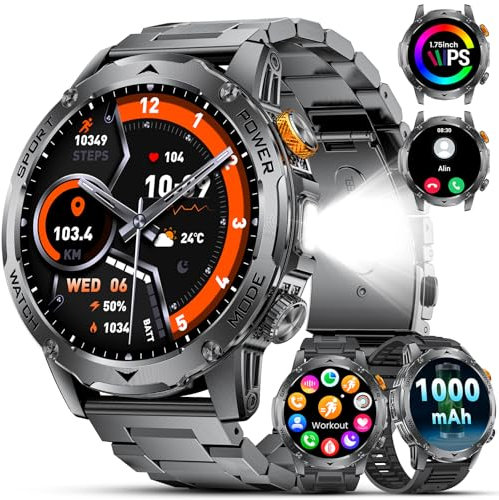 BENYAR SMART Militär Smartwatch Herren mit 1000 mAh/1,75 HD Großes Touchscreen/LED-Licht,Fitnessuhr mit 3 Armbändern/110+ Sportmodi,Herz-/Schlaftracking,IP68 wasserdicht,Sportuhr für iOS/Android