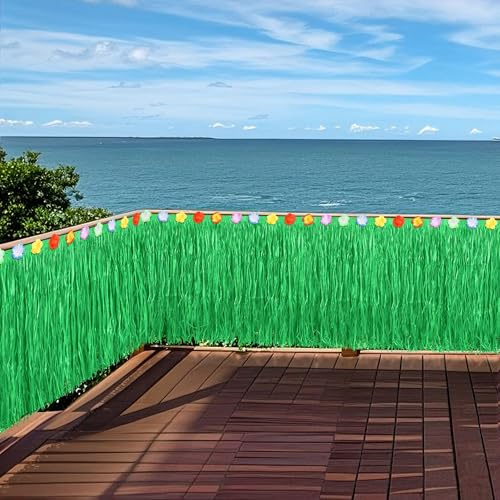 Fovths Green Luau Grass Table Skirt 36 feet x 29.5 inch Fringe Banner Grass Table Skirt Natural Hawaiian Straw Grass Skirt for Tiki Bar Roof Summer Beach Tropical Party Decorations