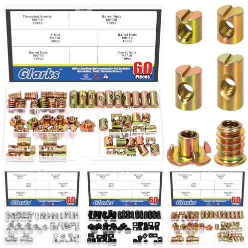 Glarks 60 st M6 x 10/12/15/20 mm färgad zink kors plugg hammare mutterkit, inkluderar 40 st tunnmuttrar, 10 st träinsatser bult möbelskruv, 10 st 4-prongade T-muttrar (60 st kors-plugg hammarmutter)