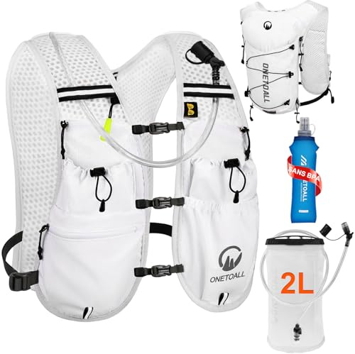 ONETOALL Zaino Trail Running, Gilet Running Uomo Donna, Ultraleggero Gilet Corsa Riflettente Idratazione Multitasche con Borraccia Morbida 500ml e Sacca Idrica 2L per Trekking Ciclismo MTB Sci