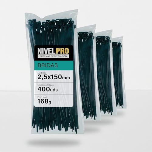 NIVELPRO Bridas de Plástico 2,5 x 150 mm, 400 Unidades, Bridas Negras Resistentes Interior y Exterior, Nylon, Cierre Autoblocante, Sujetacables y Abrazaderas