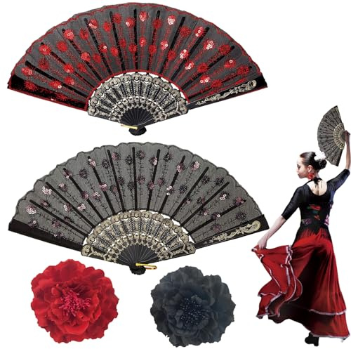 2PCS Handfächer und Haarschmuck Blumen,Faltbare Fächer,Handfächers Damen | Fächer mit Blumenstickerei,Blume Brosche Haarschmuck,Handfächer für Halloween Karneval Hochzeit Karneval Party Sommer