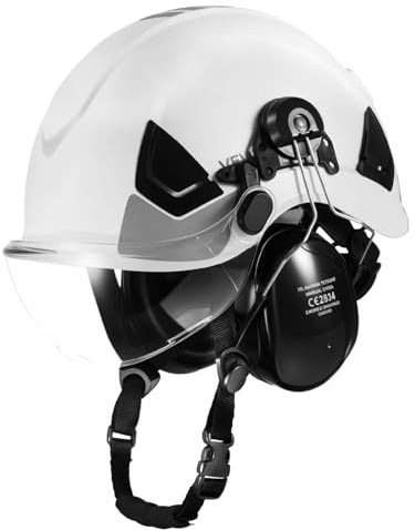 VEVOR Casque de Sécurité Industriel, Casque de Protection Certifié ANSI/ISEA Z89.1, Ventilé et Réglable, en ABS, avec Visière, Cache-Oreilles et Suspension à Cliquet 6 Points, Construction Chantier