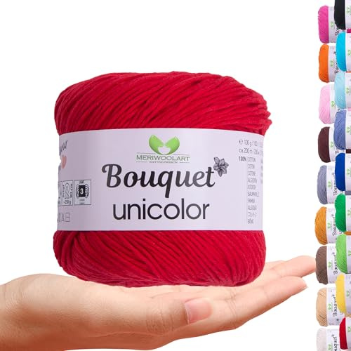 MeriWoolArt Bouquet Baumwollgarn Rot – 100% Baumwolle – Häkelgarn & Strickgarn – 100g, 200m – Ideal für Tücher, Babydecken, Amigurumi, Sommerkleidung & Wohnaccessoires