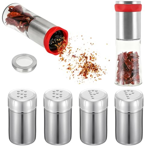 Moulin à Piment avec 4 Mini Salières et Poivrières, 170 ml en Acier Inoxydable et Verre pour Broyer les Piments Secs, Idéal pour Restaurant, Camping et Barbecue