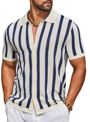 COOFANDY Men's Knit Shirts Short Sleeve Button Up Shirt Fashion Casual Summer Beach Wedding Shirts, Beige & Navy Blue, XL