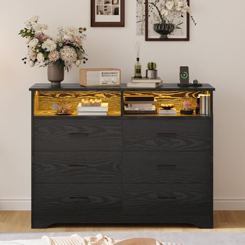 IRONCK Kommode Schwarz, Komodenschrank mit LED-Lichtleiste und 2 Steckdosen, Schubladenschrank mit 6 Schubladen und 2 Fächer für Wohnzimmer, Schlafzimmer, Holz, 120 cm breit