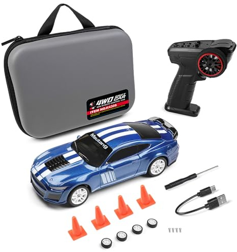 Hylukon WLtoys 1:43 Scale Mini RC Drift Car, 4WD Remote Control Car with Gyro Stabilizer, LED Lights, Independent Suspension, 2 Tire Types for Racing Drifting (Blue)