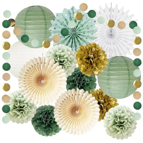 Pompon Papier de Soie,Décorations de Fête Vert Sauge,Ventilateur de Plafond À Pompons,Crème or Pompon Papier de Soie Guirlande,Décorations de Fête,pour Mariage,Carnaval,Fêtes,Anniversaire