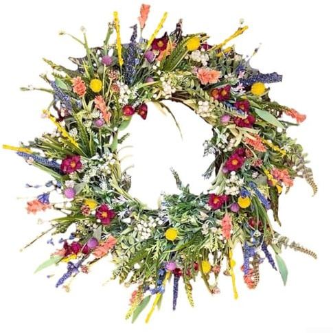 Guirlande de fleurs sauvages artificielles - Décoration de porte d'entrée - Couronne de fleurs séchées artificielles - Couronne de fausses vignes botaniques - Pour intérieur, porche, bureau - 30 cm