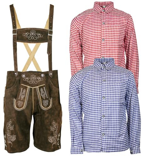 MS-Trachten Trachtenset Leo Leo Pantaloni per Bambini in Pelle Pantaloni Tradizionali con Camicia (Blu, 152)
