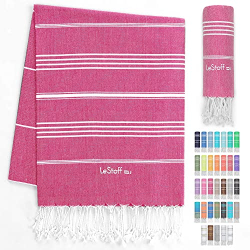 LeStoff Hamamtuch - 100% Bio-Baumwolle, 95 x 180 cm, Vorgewaschen, Saugstark, Schnelltrocknend, Leicht, Kompakt, Campinghandtuch, Reisehandtuch, Badetuch, Duschtuch, Badehandtuch groß, rosa (Fuchsia)
