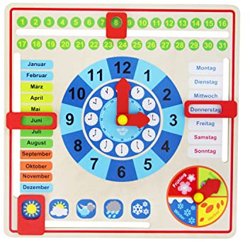 Tooky Toy Holz Jahresuhr für Kinder - Lernuhr - Kalenderuhr - Lerntaffel - Uhr, Wochentage, Monate, Jahreszeit, Wetter - Holzspielzeug - ca. 30 x 30 x 5 cm - ab 36 Monaten