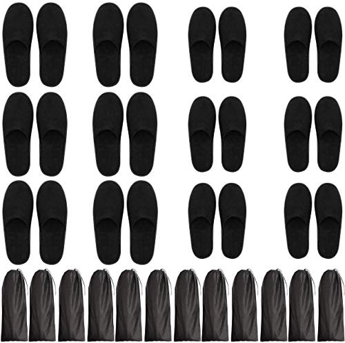 Bizarre.ly Zapatillas SPA Negras Suaves con Bolsas de Cordel (12 Pares) Pantuflas Invitados Punta Cerrada Lavable Reutilizable - Dos Tallas (S, L) Hombres y Mujeres – Baño, Viaje, Hogar, Bodas