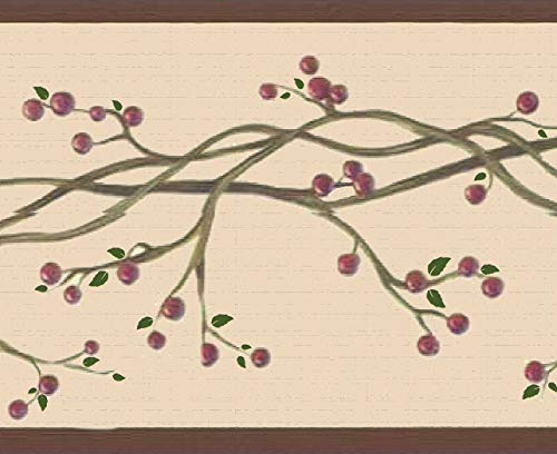 Dundee Deco Wallpaper Border Peel and Stick DDAZBD9034 Retro Red, Sepia Winterberries on Vine Wall Border Retro Design, 15 ft x 7 in (4.57m x 17.78cm), Self Adhesive