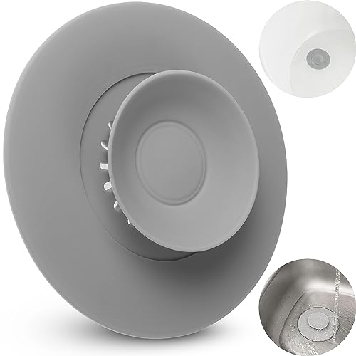 Tappo Lavandino Silicone Grigio, 1 pz, Ø 11 cm, Filtro Scarico Universale, Filtro Incorporato per Rifiuti e Capelli, Per Scarichi Lavelli, Lavabi e Vasche da Bagno con Fori di Scarico Ø 80 mm, sieve