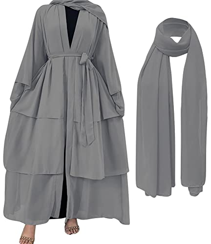OBEEII Damen Kaftan Kleid Frauen Muslim Abaya Langes Kleid Langarm-Cardigan Strickjacke mit Hijab Islamische Maxikleider Muslimisches Kleid für Ethnische Abend Party Hhellgrau S