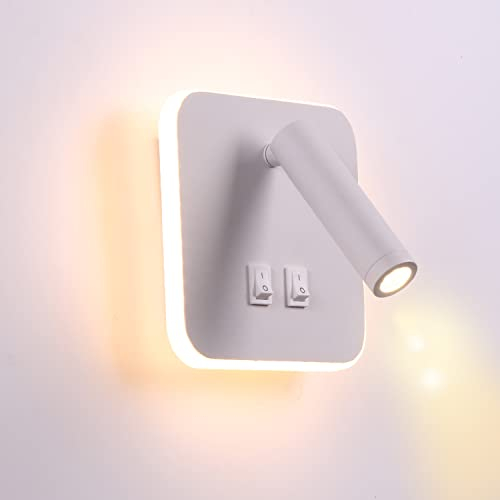 TWSXTE Applique da comodino orientabile Lampada da Parete camera da letto Faretto da camera da letto luce per la lettura 3000K (3W + 10W) (Quadrato Bianco)