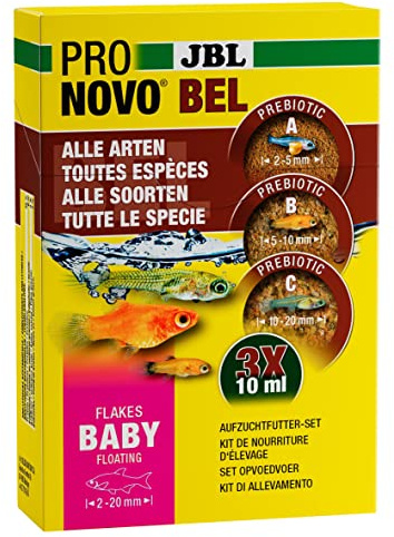 JBL PRONOVO BEL FLAKES BABY, Aufzuchtfutter-Set für Jungfische von Lebendgebärenden, Fischfutter-Flocken, 3 x 10 ml
