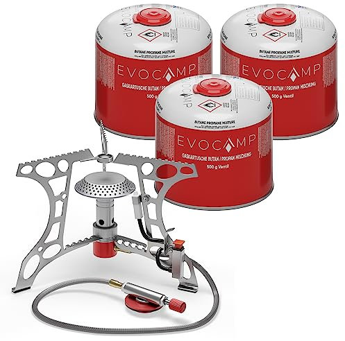 EVOCAMP kompakter Campingkocher 3.2 kW mit Piezo-Zünder, Camping Stove, Mini-Gaskocher - ideal für Camping, Angeln und Outdoor (+3 Kartuschen 500 g)