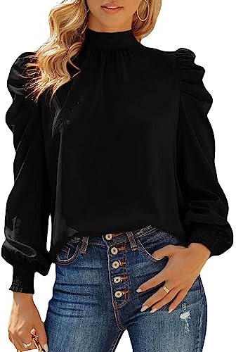 Dokotoo Women's Blouses Shirts Elegant Puff Sleeve Turtleneck Ruffle Chiffon Womens Pullover Blouse Top Casual Loose Spring Fall Ladies Tops Black XL UK 18-20