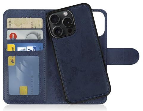 MyGadget Flip Case für iPhone 15 Pro - [ abnehmbare Magnet Hülle ] - Handyhülle aus Kunstleder - [ Klapphülle mit Kartenfach ] Schutzhülle in Dunkelblau