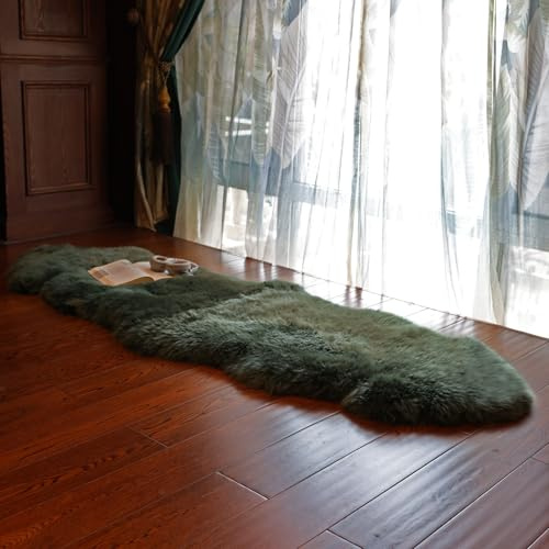 RZLWOOL Genuine Sheepskin Rug New Zealand Fluffy Lambskin Rug, Natural Luxury Sheepskin Throw for Bedroom Living Room Children's Room - Premium Area Rug Chair Cover (2×6 Feet, Forest Green)